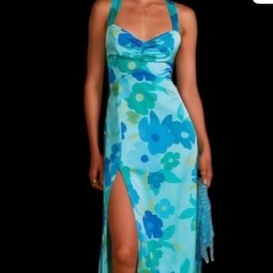 Show Me Your Mumu Mina Turquoise Floral Midi Dress Small Slit Resort Vacation